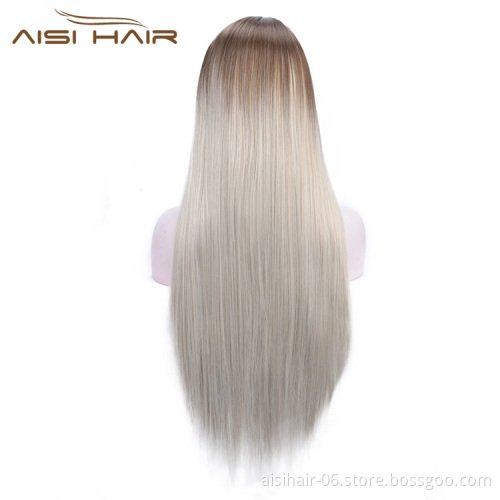 Aisi Hair Silky Straight Synthetic Lace Front Wigs Ombre Brown to Gray Heat Resistant Wigs Lace Front Middle Part Wig for Women